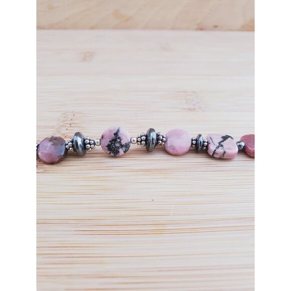 Sterling Silver Pink Marble Hematite Bead Bracelet XL Adjustable - Picture 3 of 6